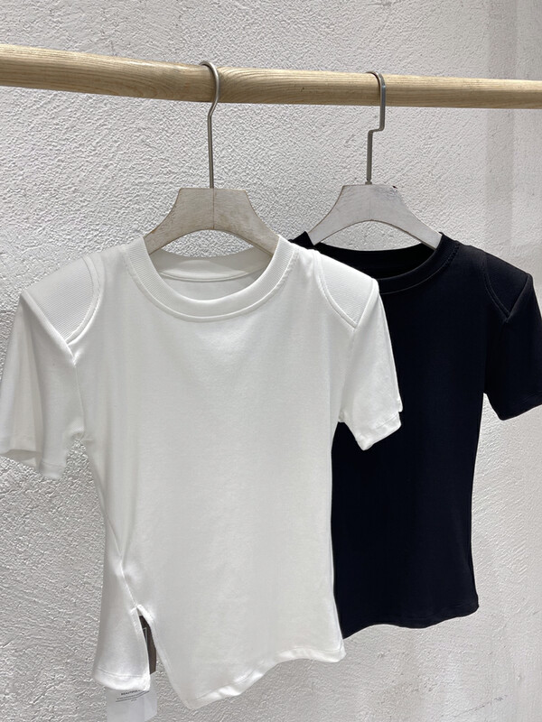 [JSM] simple Korean shoulder pad waist closed short sleeve T-shirt 8899# LSL