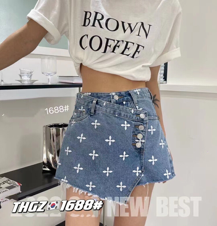 Original price 55.27! [thgz] Spice Girl print irregular denim skirt pants j1688# ll
