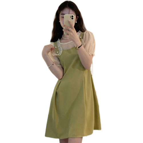 Fake two-piece dress women's summer 2022 new French design sensual wood ear waist narrow bubble sleeve skirt