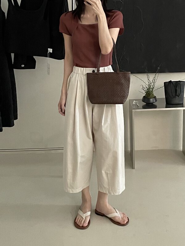 Tencel cotton fabric, with cool feeling [clean space] Korean version elastic waist casual nine point casual pants 32725# cqw
