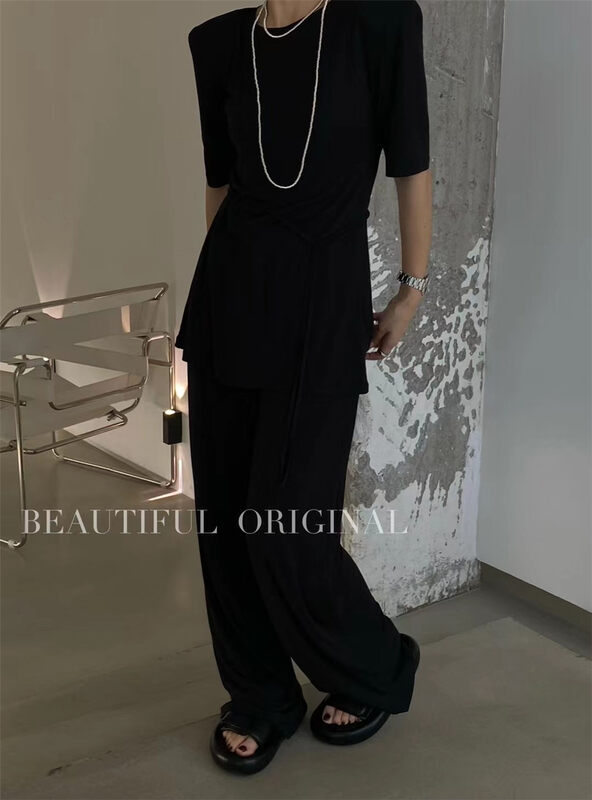 [B-O] Korean style lace up blouse + straight tube versatile casual pants set 87392# XYJ