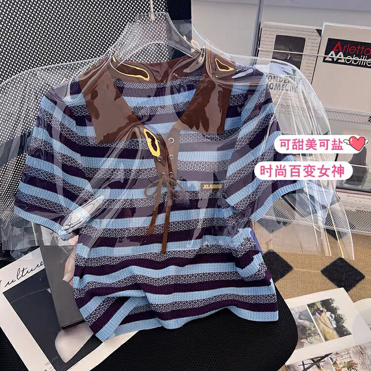 [f · P] Korean version versatile lace up Polo neck stripe short sleeve sweater a505# HBx