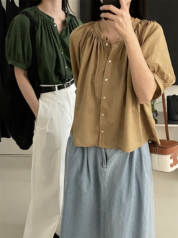 Ultra thin Tencel linen material [clean space] simple solid color breasted loose shirt 33113# cqw