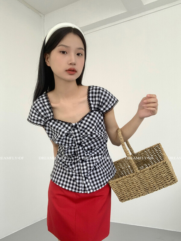 [dream fly] lace Plaid sleeveless shirt 61318# XJ