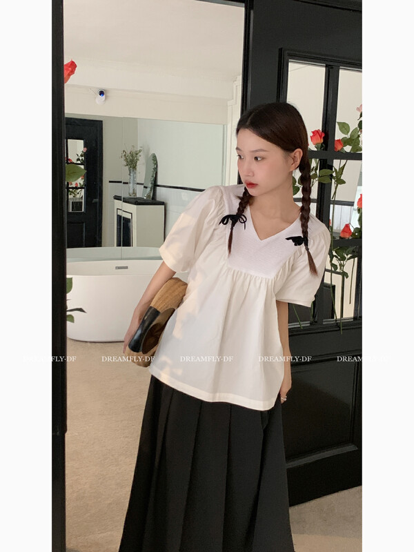 [dream fly] Korean style solid color V-neck versatile shirt 61295# XJ