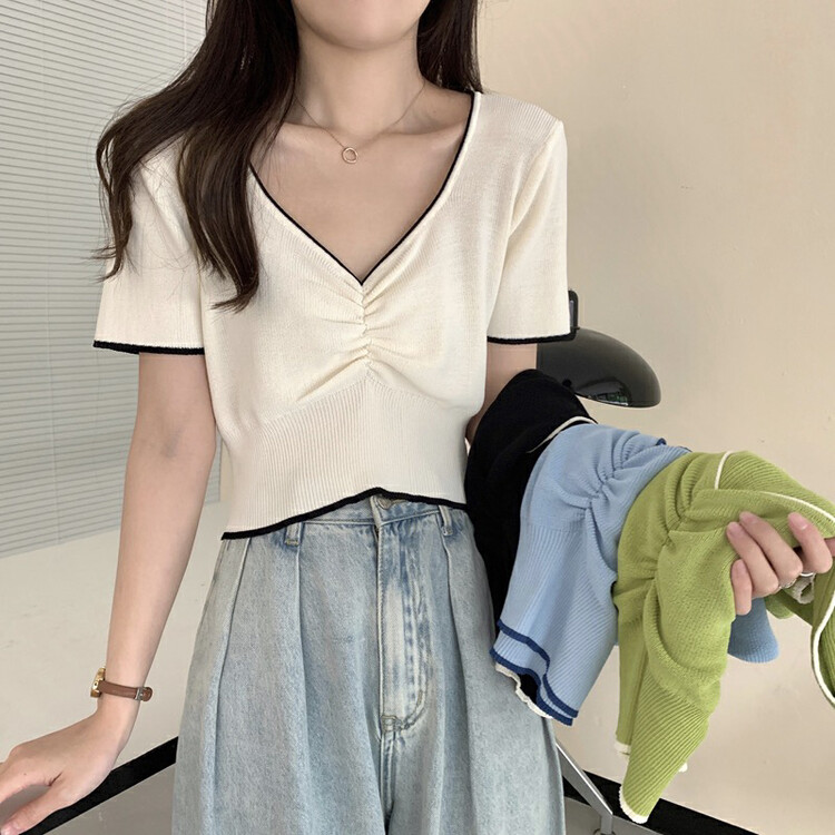 [f · P] Korean version V-neck pleated color contrast edge short sleeved sweater 63015 \hbx
