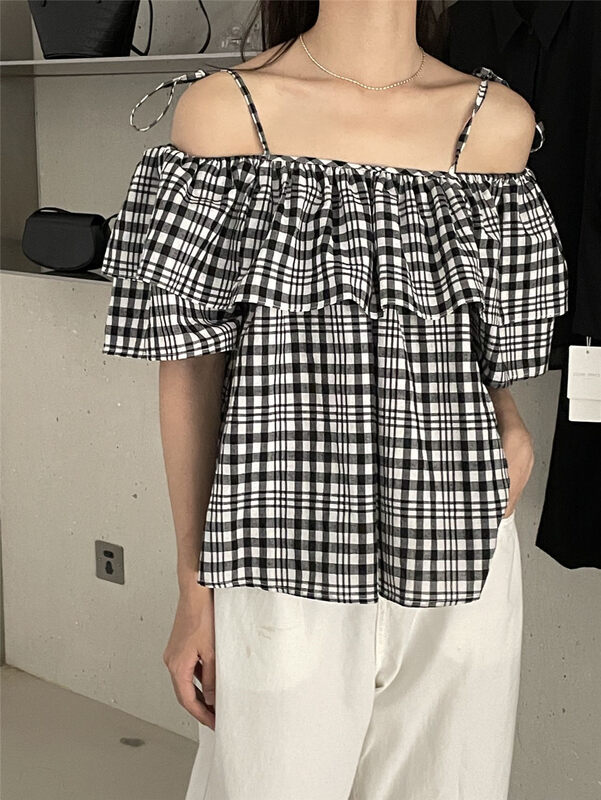 [clean space] Korean Plaid one line neck loose shirt 32606# cqw