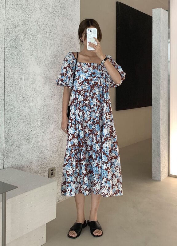 A-line silhouette [clean space] Korean style square neck holiday style Printed Dress 31689a \cqw
