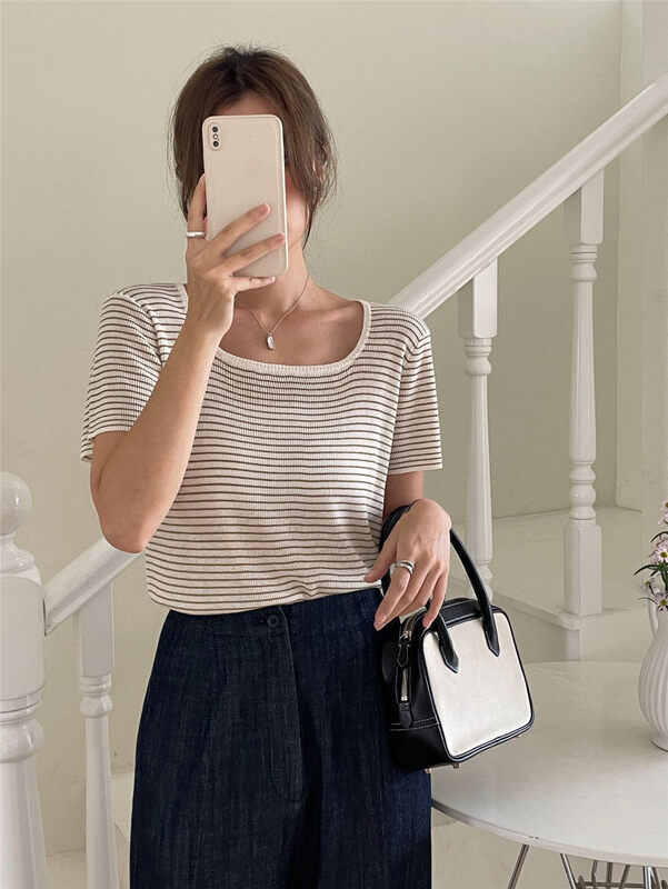 [clean space] Korean striped square neck short T-shirt 27888# cqw