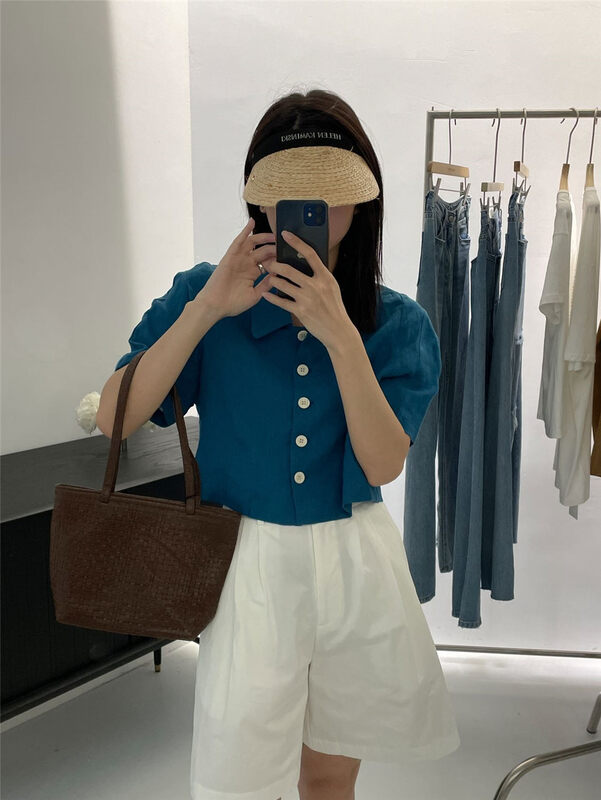 [clean space] Korean style short breasted cotton linen shirt 27857 \cls