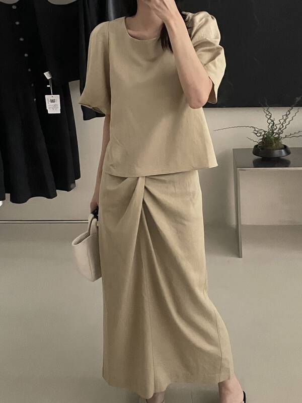 Silk and hemp material, breathable and hygroscopic [clean space] Korean version waist kink design skirt 32925# cqw