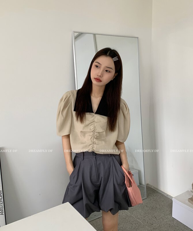 [dream fly] Korean casual color matching collar versatile pleated pullover shirt 61283# XJ