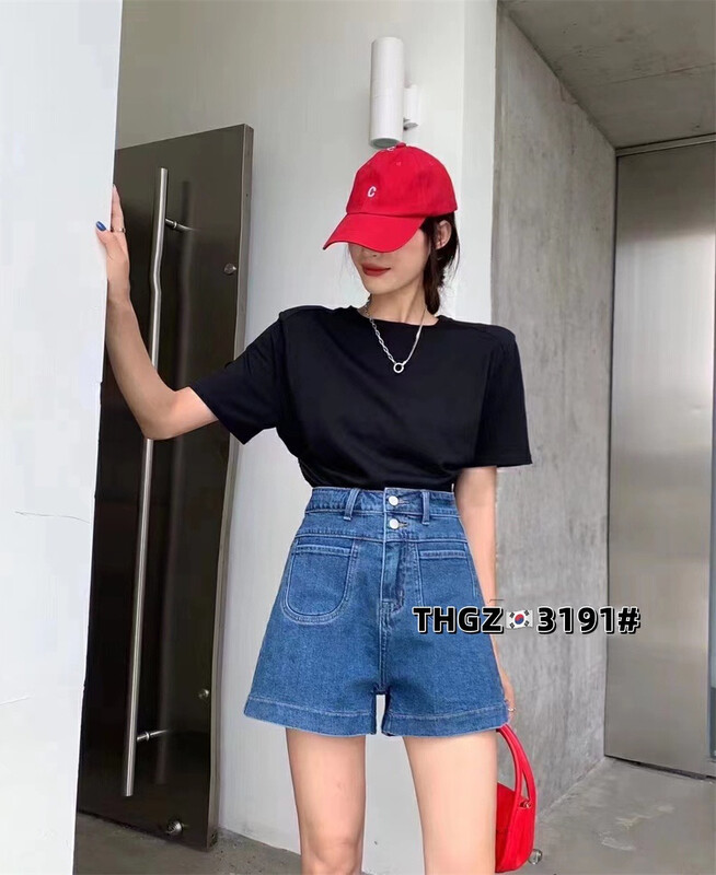 [thgz] double button front pocket elastic denim shorts 3191 \ll