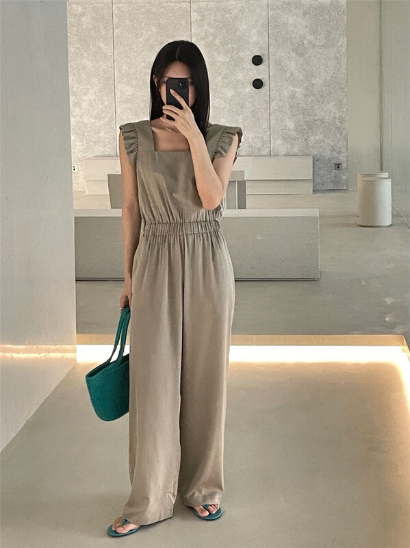 [clean space] Korean solid color flying sleeve vest Jumpsuit (with belt) 32137# cqw