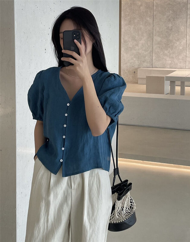 [clean space] simple solid color breasted bubble sleeve short shirt 32139# cqw