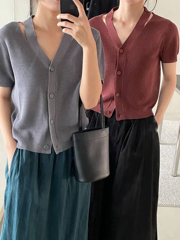 Tencel + flax yarn 8 colors into [clean space] simple solid color V-neck short knitted cardigan 32389# cqw