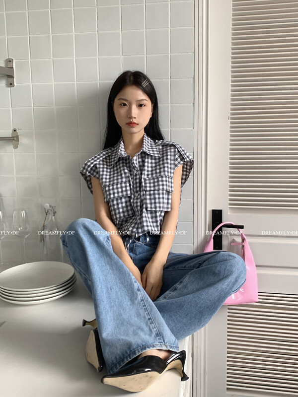 [dream fly] Vintage Plaid drawstring shirt 61317# XJ