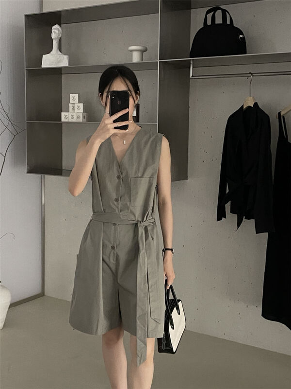 [clean space] Korean solid color versatile casual Jumpsuit (with belt) 32659# cqw