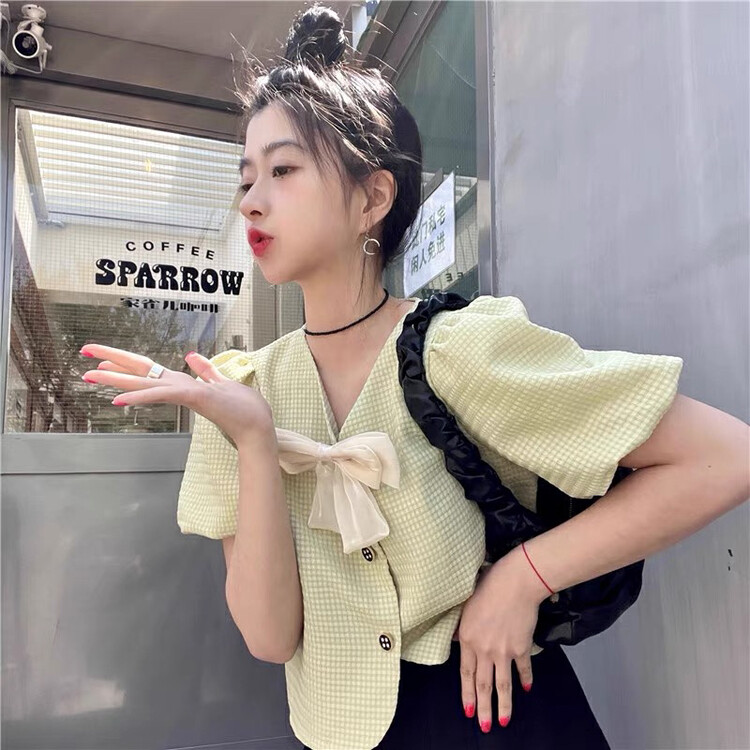 [Gangan] design sense niche French Chic bubble sleeve shirt (with bow) 2823# Cl