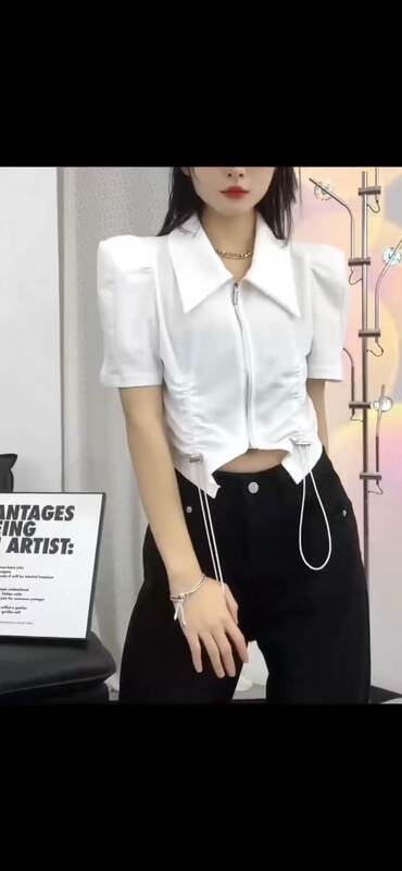 [top] zipper drawcord design bubble sleeve shirt t9339 \zjy