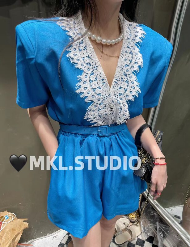 [micala] lace stitched short sleeved suit + loose casual Shorts Set (with belt) 1021# PCZ