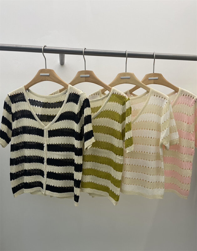 [blowing's] fresh and simple V-neck contrast stripe hollowed out short sleeve knitted cardigan 68159# CSX