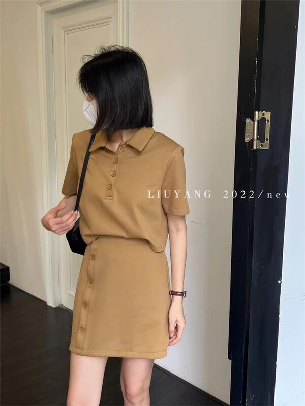[liu-y] buckle short sleeve polo shirt + high waist versatile skirt set 18303# XJ