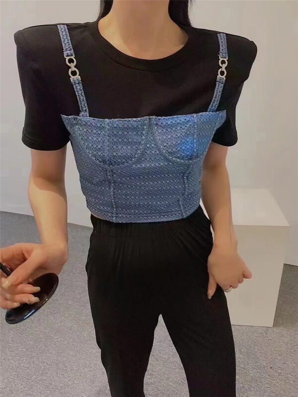 [top] color matching fake two short short sleeved T-shirts (without necklace) 9036# zjy