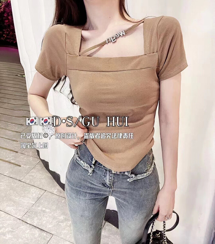 [top] square neck letter design, hot girl style short sleeve T-shirt 9993\zjy