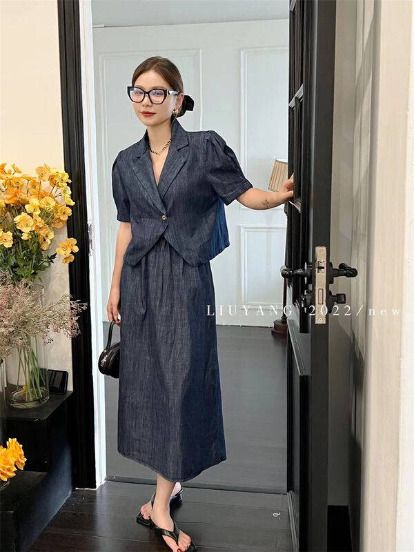 [liu-y] suit collar, bubble sleeve, one button blouse + high waist and large hem denim skirt set 9008\xj