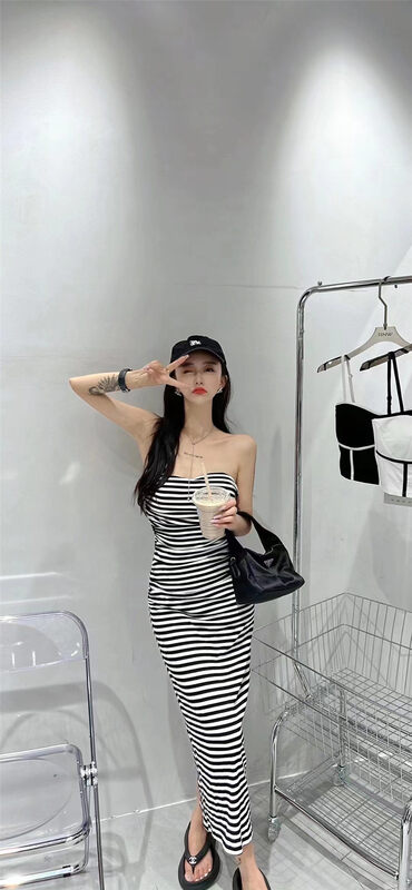 [top] pure style striped pleated strapless dress 9623 \zjy