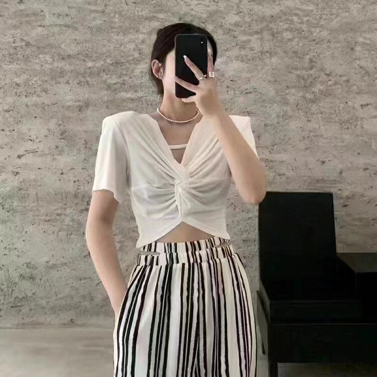 [top] kink design t-shirt + elastic waist striped straight Pants Set (without necklace) 9322# zjy