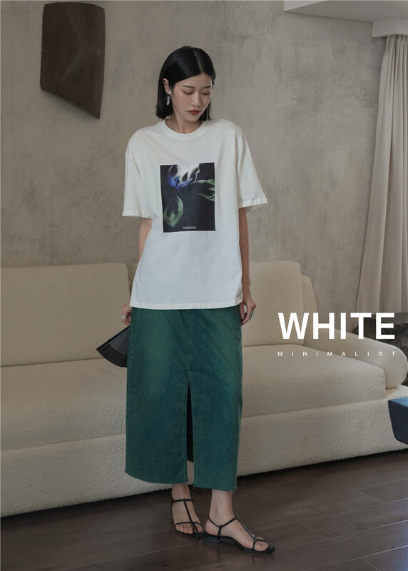 [white] graphic print loose short sleeve T-shirt 8833835; XYJ