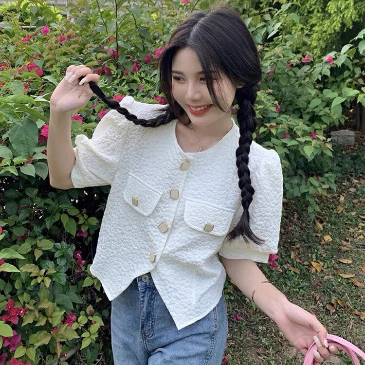 [Gangan] short single breasted niche versatile Round Neck Shirt 2822# Cl