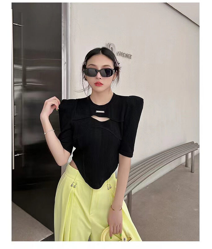 [top] personalized fashion shoulder pad hollowed out short sleeved T-shirt a1052# ZSY