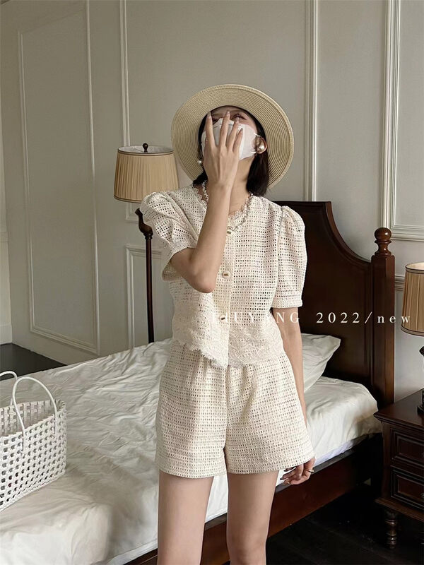 [liu-y] celebrity style lace small fragrant style shirt + high waist temperament versatile Shorts Set 16821# XJ