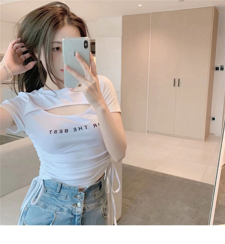 [top] letter hollowed out drawstring hot girl style short sleeve T-shirt 9360# zjy