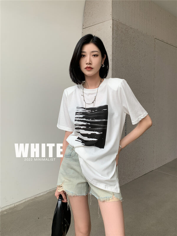 [white] graphic print loose short sleeve T-shirt 7622035; XYJ