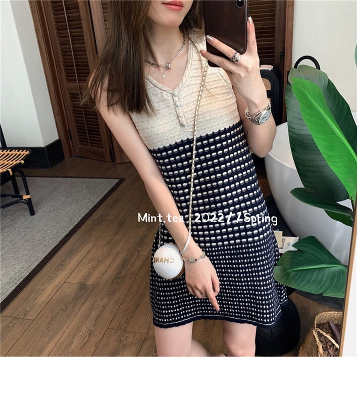 [mint tea] V-neck striped knitted vest dress 22191 \zjy