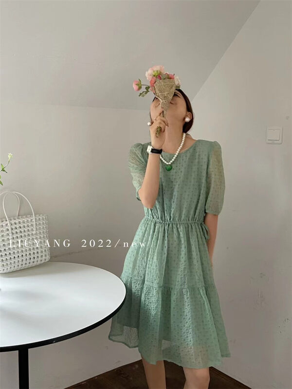 [liu-y] small fresh seersucker waist dress 16773# XJ