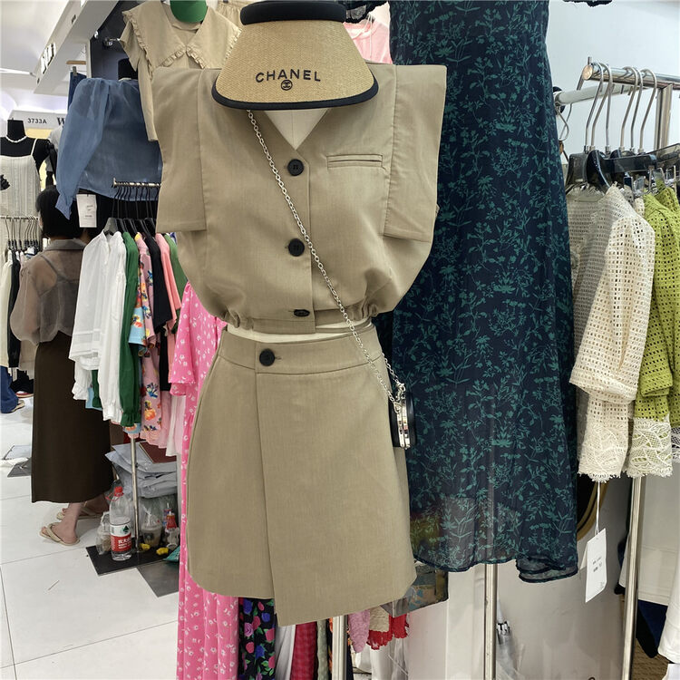 [liu-y] commuter style V-neck drawstring Vest + high waist A-line skirt set 66066# XJ
