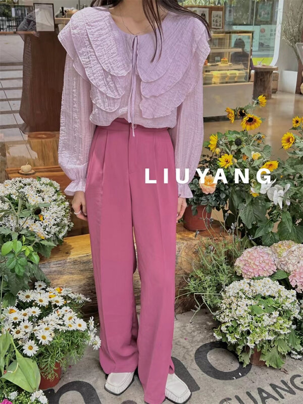 [liu-y] double neckline Ruffle lace up blouse 66022# XJ