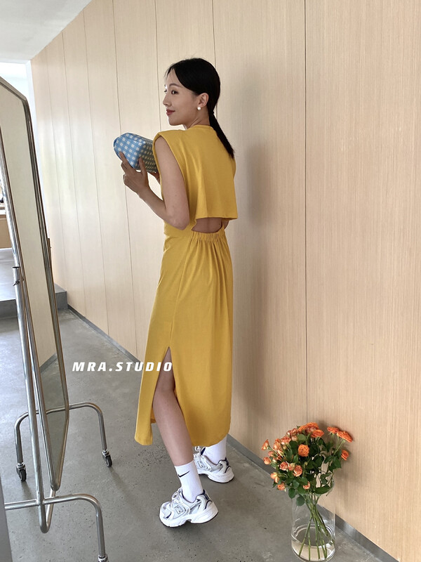 [MRA] big brand simple shoulder pad split dress h6506# cqw