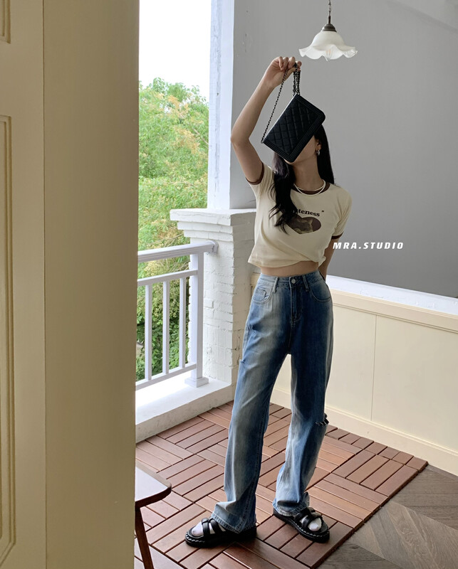 [MRA] design sense gradually changing color, broken hole straight jeans m1865# zxl