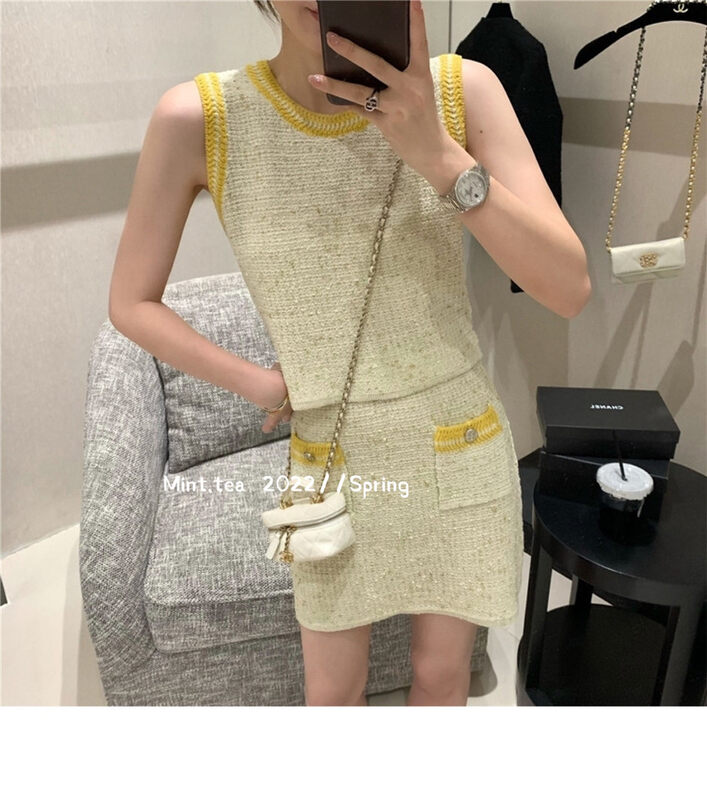 [mint tea] small fragrance Knitted Vest + Hip Wrap Skirt Set 22183 \zjy