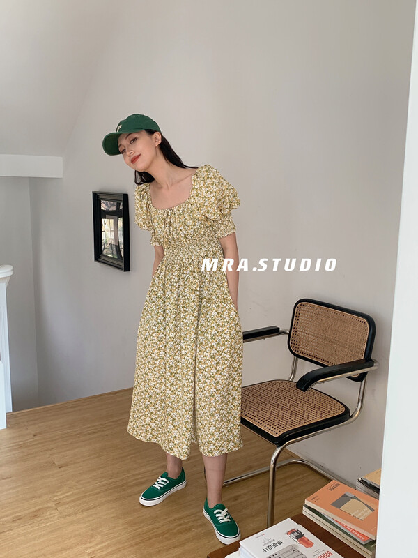 [MRA] French retro style elastic waist thin floral dress l1002# zxl