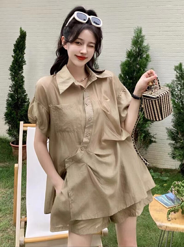 [top] drawstring loose and versatile shirt + casual Shorts Set 9517# zjy