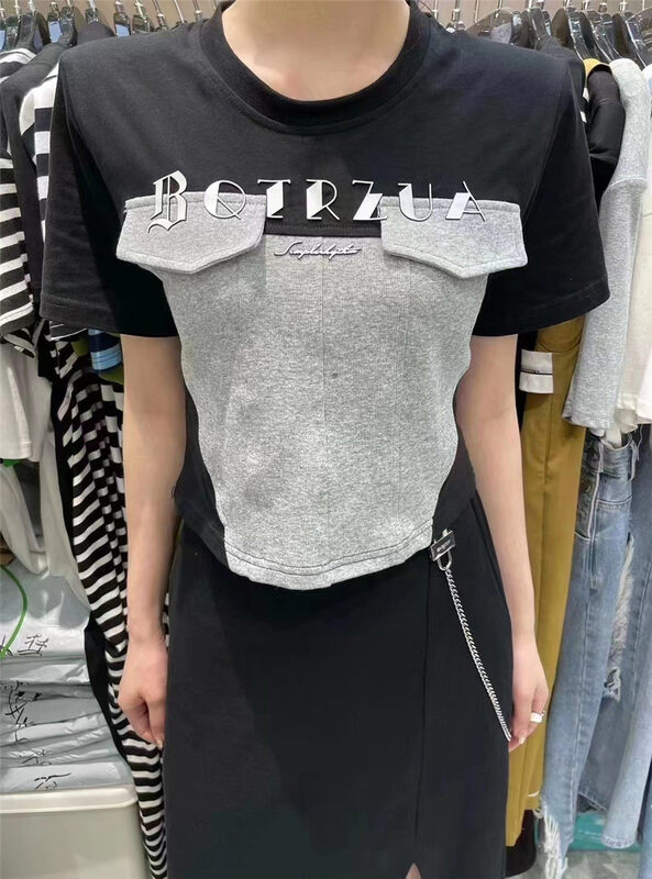 [top] fake pocket stitching loose letter short sleeve T-shirt 9512# zjy