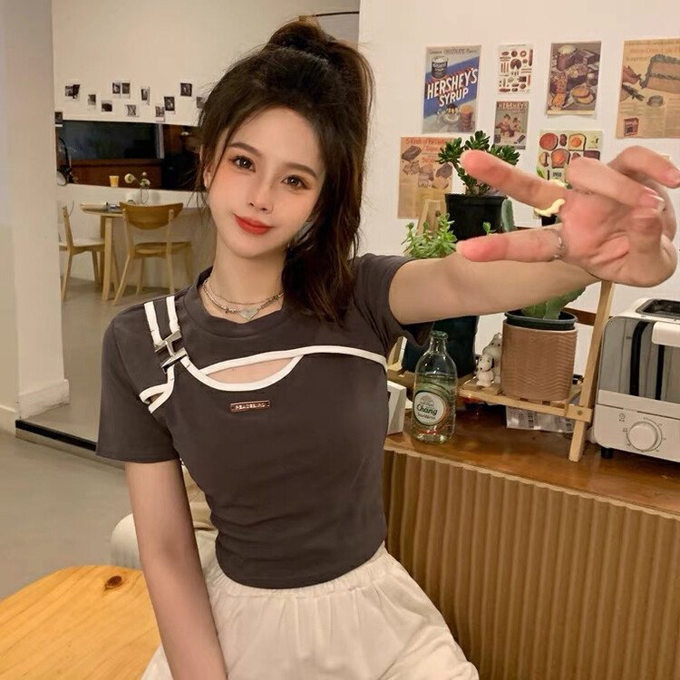 [top] design sense hollowed out short spicy girl style short sleeve T-shirt 9627# zjy