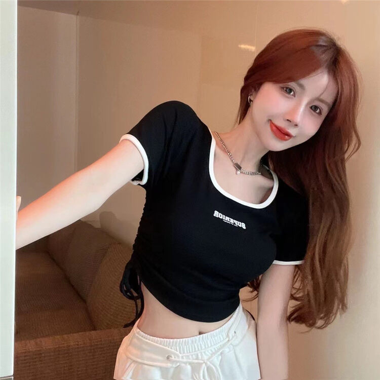 [top] contrast color round neck drawstring short short sleeved T-shirt 9513# zjy